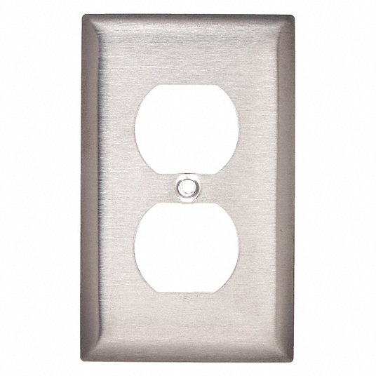 Hubbell SS8 Duplex Receptacle Wall Plate, Vertical, Standard Size, 1 Gang, Stainless Steel, Brushed, Silver