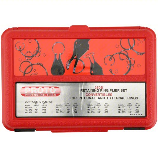 Proto J360B Retaining Ring Plier Set: Internal/External, For 3/8 in to 3 in Bore Dia, 0°,45°,90° Tip Angle