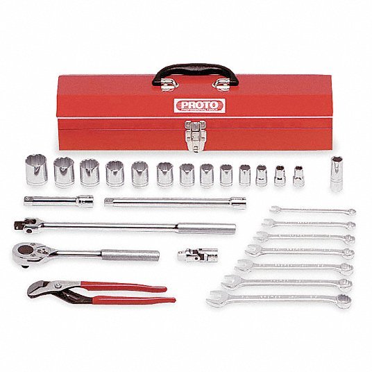 Proto J54128A Socket Wrench Set 1/2 in Drive Size, 27 Pieces, 7/16 in to 1 1/4 in Socket Size Range, Chrome