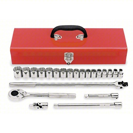 Proto J54210A Socket Wrench Set 1/2 in Drive Size, 22 Pieces, 10 mm to 26 mm Socket Size Range, Chrome