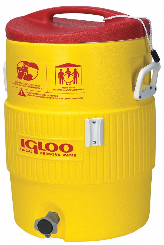 Igloo 48153 Beverage Dispenser, 5 gal, Insulated, XL Spigot, Keeper Cord, Bilingual Heat Stress Rules, Yellow Body, Red Lid