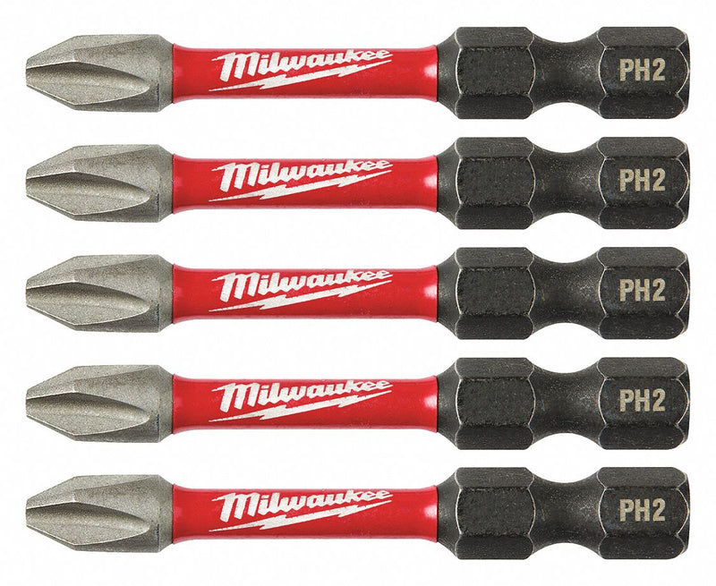 Milwaukee 48-32-4602 Power Bit, Power Bit, Imperial, PH2 Bit Industry Size, #2 Bit Size, Std, Hex, Impact, 5 PK