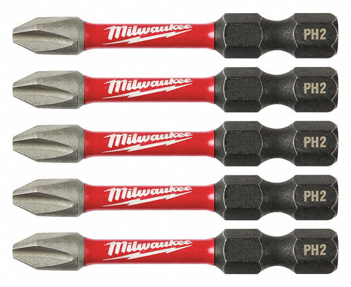 Milwaukee 48-32-4602 Power Bit, Power Bit, Imperial, PH2 Bit Industry Size, #2 Bit Size, Std, Hex, Impact, 5 PK