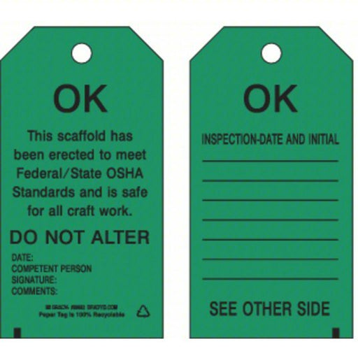 Brady 86452 Tag Inspection, 3 in Wd, 5 3/4 in Ht, Black on Green, Rectangle, Heavy Duty Polyester, 10 PK