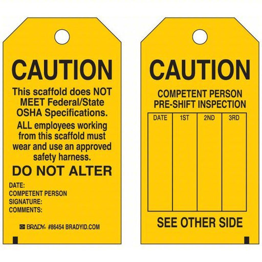 Brady 86454 Tag Inspection, 3 in Wd, 5 3/4 in Ht, Black on Yellow, Rectangle, Matte, Indoor/Outdoor, 10 PK