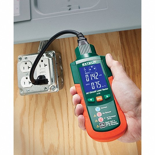 Extech CT70 Receptacle Tester with GFCI Displays Peak Line Volt and Freq, GFCI & AC Circuit Analyzers