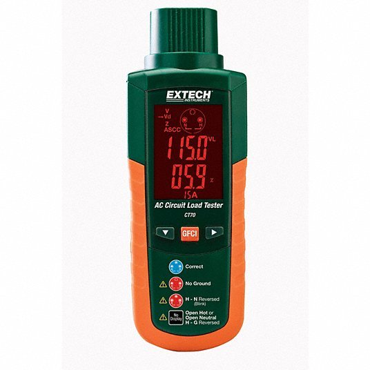 Extech CT70 Receptacle Tester with GFCI Displays Peak Line Volt and Freq, GFCI & AC Circuit Analyzers
