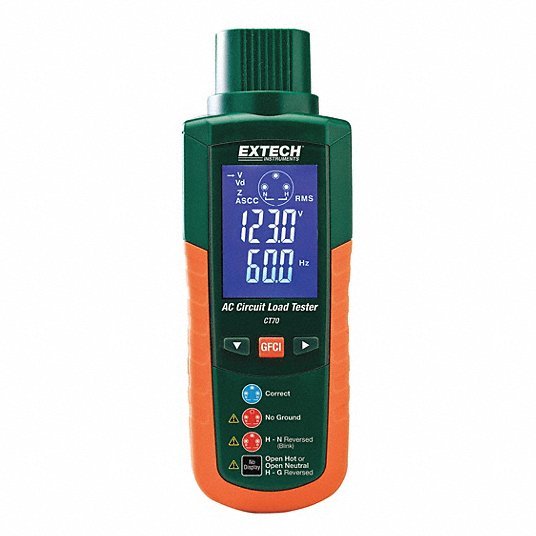Extech CT70 Receptacle Tester with GFCI Displays Peak Line Volt and Freq, GFCI & AC Circuit Analyzers