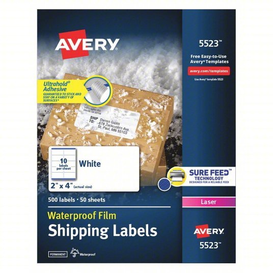 Avery 727825523 Laser Label 5523, White, 2 in Ht, 4 in Wd, 10 Labels per Sheet, 5 Pkg of 500