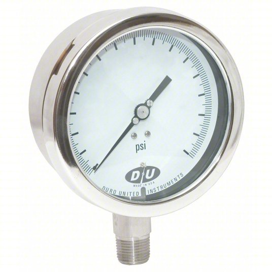 Duro 4207-0333-CERT Pressure Gauge, 0 to 30 psi, 1/2 in MNPT, Stainless Steel, Silver