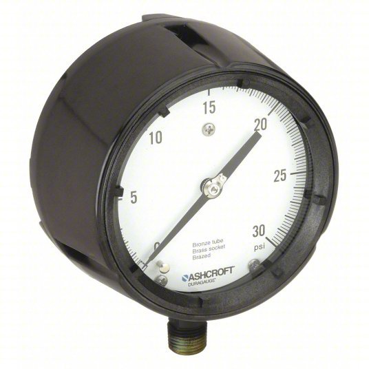 Ashcroft 451279AS04L30# Pressure Gauge, 0 to 30 psi, 1/2 in MNPT, Plastic, Black