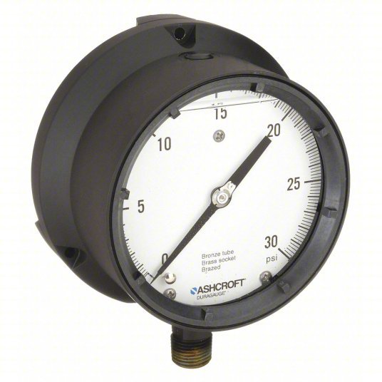 Ashcroft 451379ASL04L30# Pressure Gauge, 0 to 30 psi, 1/2 in MNPT, Plastic, Black