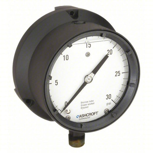 Ashcroft 451379ASL04L30# Pressure Gauge, 0 to 30 psi, 1/2 in MNPT, Plastic, Black
