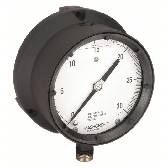Ashcroft 451379SSL04L30# Pressure Gauge, 0 to 30 psi, 1/2 in MNPT, Plastic, Black