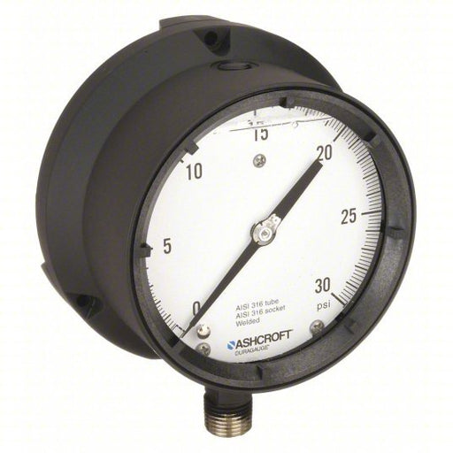 Ashcroft 451379SSL04L30# Pressure Gauge, 0 to 30 psi, 1/2 in MNPT, Plastic, Black
