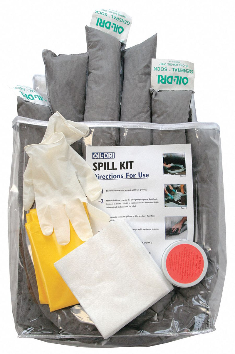 Oil-Dri L90671 Universal Spill Kit, 7 gal Absorb Capacity, Bag, with (15) Pads/(3) Socks, PPE, Plug & Dike, Simple Green Wipes, Disposal Bag