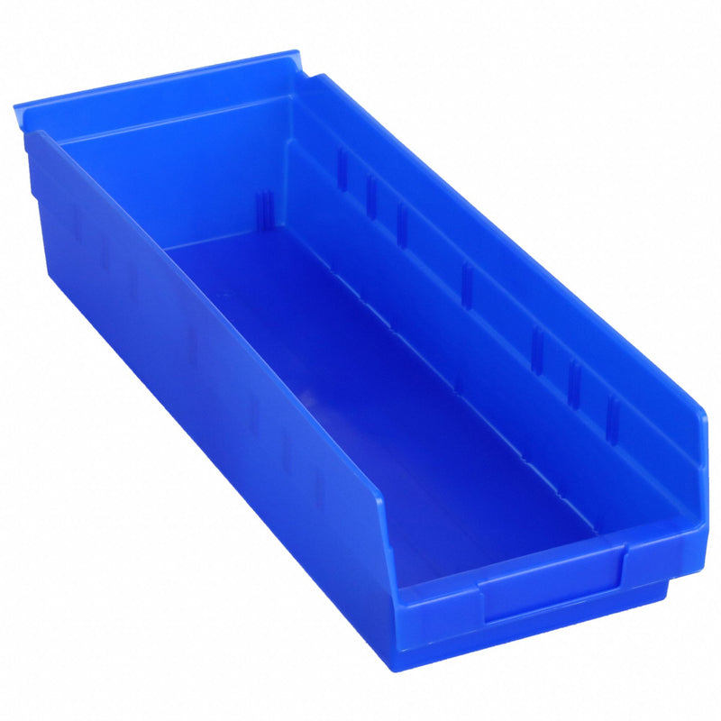 Akro-Mils 30138BLUE Shelf Bin, 17 7/8 in Overall Lg, 6 5/8 in x 4 in, Blue, Nesting Capable, Not Hangable
