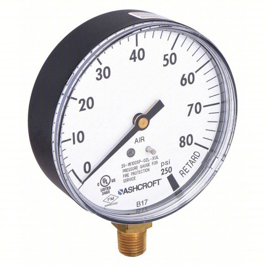 Ashcroft 35 1005P XUL 02L 80# Pressure Gauge, 0 to 80 psi, 1/4 in MNPT, Plastic, Black