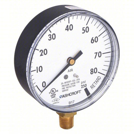 Ashcroft 35 1005P XUL 02L 80# Pressure Gauge, 0 to 80 psi, 1/4 in MNPT, Plastic, Black