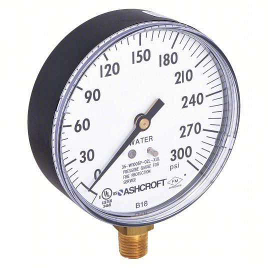 Ashcroft 35W1005PH02LXULZG300#-8382 Pressure Gauge, 0 to 300 psi, 1/4 in MNPT, Plastic, Black