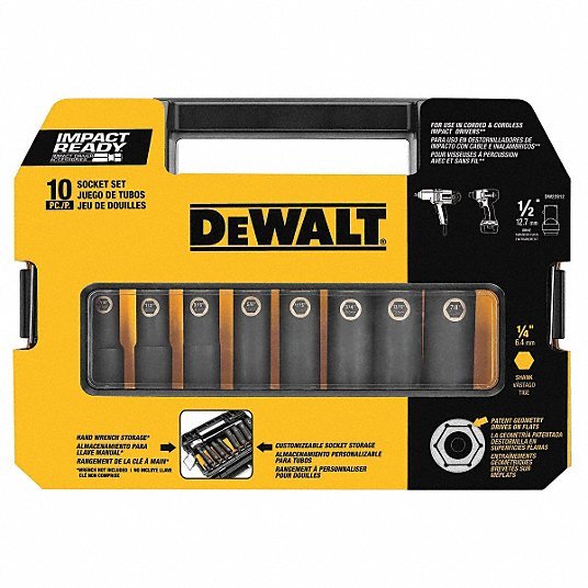 Dewalt DW22812 Impact Socket Set: 1/2 in Drive Size, 10 Pieces, 7/16 in to 7/8 in Socket Size Range
