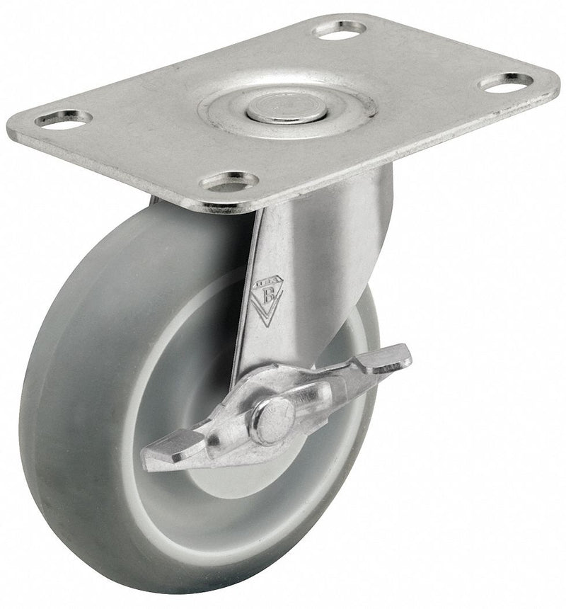 Shepherd Caster PRE50120ZN-MNTB Regent Plate Caster, Swivel w/ Side Brake, 5 in Rubber Wheel, 160 lb Cap, Zinc Plated