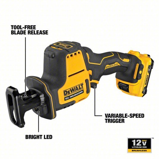 DeWalt DCS312G1 Reciprocating Saw 5/8 in Stroke Lg, 2,800 Max. Strokes per Minute, Straight, Brushless Motor, 12 V