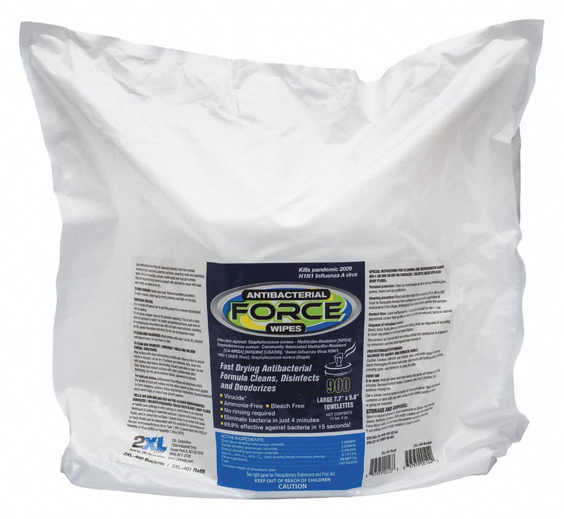 2XL 2XL401 Disinfecting Wipes, Bag, Ready to Use, Wipe, Quat, 8 in x 6 in Sheet Size, Unscented, 4 PK