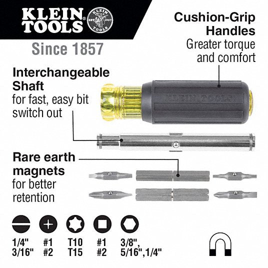 Klein 32500MAG Multi-Bit Screwdriver Phillips/Slotted/Square/Torx Tip, 8 Tips, 7 3/4 in Overall Lg