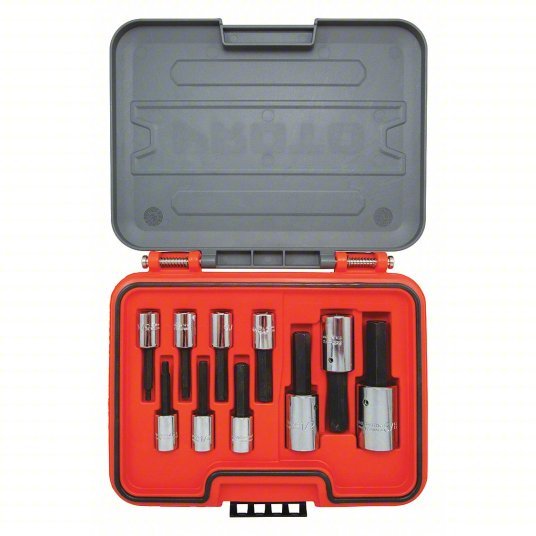 Proto J52110H Hex Bit Set 3/8 in_1/2 in Drive Size, 10 Pieces, 1/8 in to 9/16 in Range of Tip Sizes, SAE