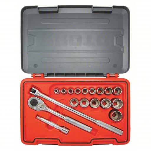 Proto J54118T Socket Set 1/2 in Drive Size, 18 Pieces, 1/2 in to 1 1/4 in Socket Size Range, (15) 12-Point