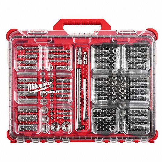 Milwaukee 48-22-9486 Ratchet & Socket Set, 1/4 in, 3/8 in Drive Size, 90 Geared Teeth, Metric, SAE, 106-Piece
