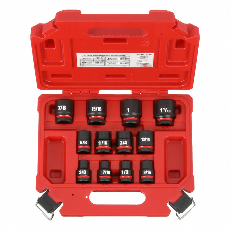 Milwaukee 49-66-7010 Impact Socket Set, 1/2 in Drive Size, Small Set (0-50 pieces) Set Size, 12 Pieces, 0, SAE