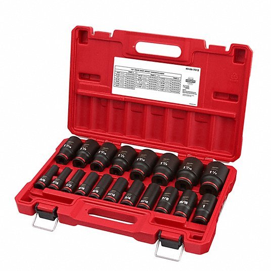 Milwaukee 49-66-7012 Impact Socket Set, 1/2 in Drive Size, SAE, Black Phosphate, 19-Piece