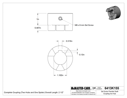 McMaster 6413K155 Flexible Shaft Coupling Iron Hub with Set Screw, 2-1/2" Overall Length, Keyed Shaft For Shaft Dia. 28mm