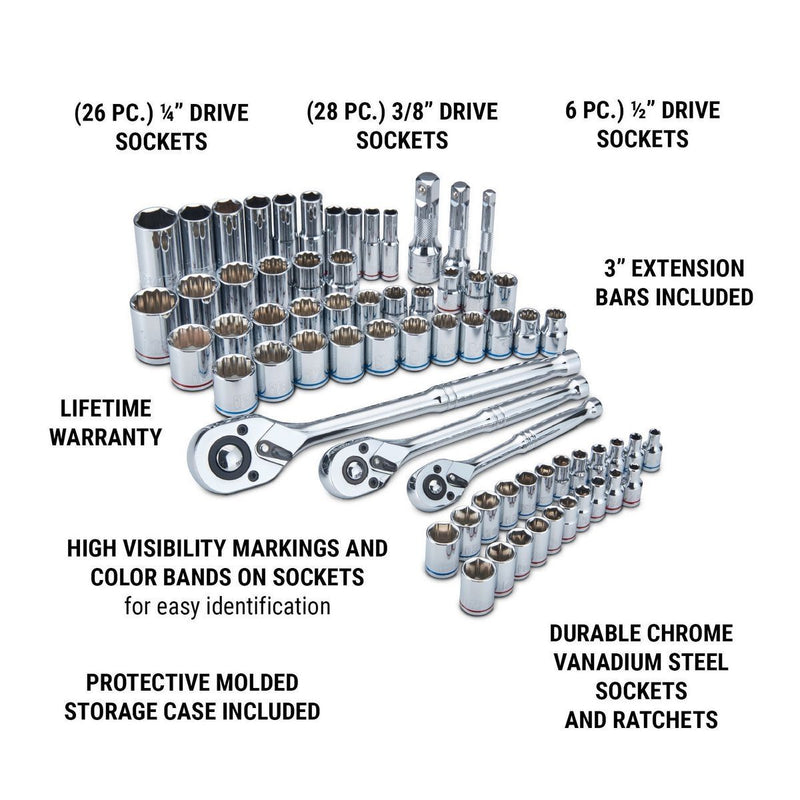 Quinn 64267 1/4 in., 3/8 in., 1/2 in. Drive SAE and Metric Hi-Vis Socket Set, 66-Piece