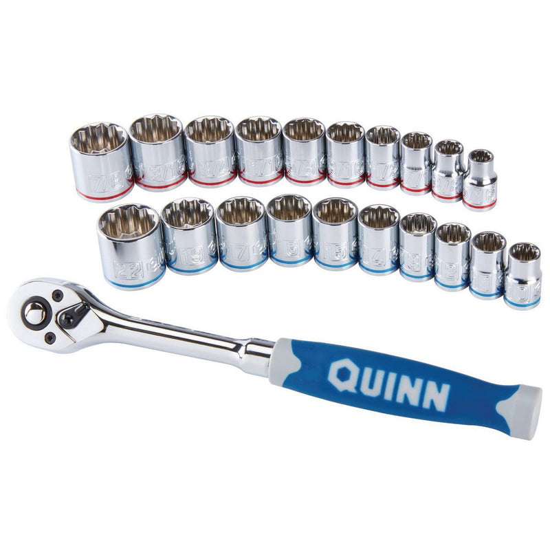 Quinn 64536 3/8 in. Drive SAE and Metric Chrome Socket and Ratchet Set, 21-Piece