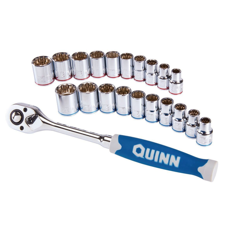 Quinn 64538 1/2 in. Drive SAE and Metric Chrome Socket and Ratchet Set, 21 Piece