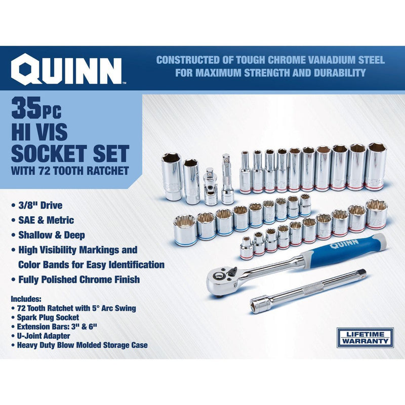 Quinn RW64555 3/8 in. Drive SAE and Metric High Visibility Socket Set, 35-Piece
