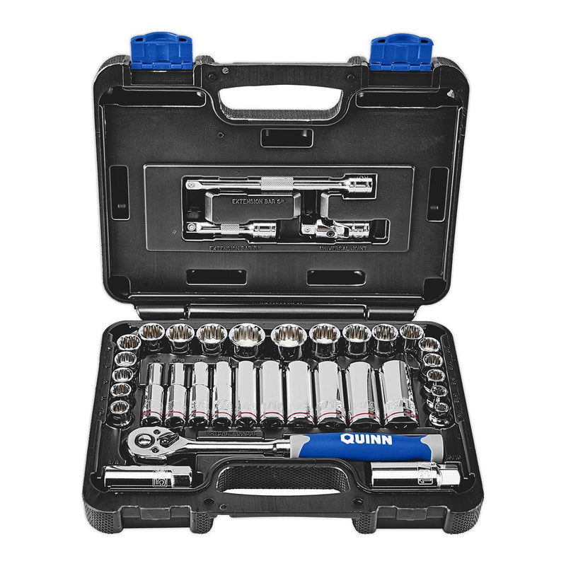 Quinn RW64555 3/8 in. Drive SAE and Metric High Visibility Socket Set, 35-Piece