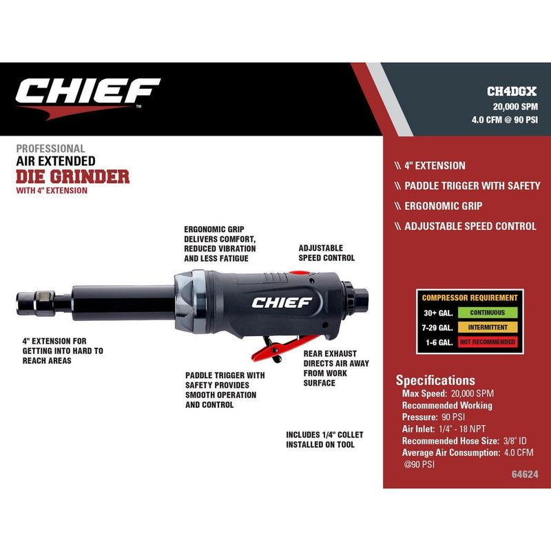 Redwood Chief CH4DGX Pneumatic 1/4 In. Professional Die Grinder with 4 In. Extension