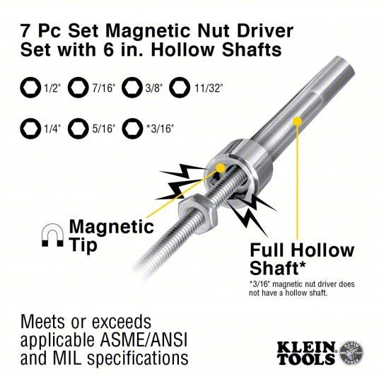 Klein 647M Fastener-Holding Nut Driver Set SAE, 15 3/4 in, 6 in Shank Lg, Ergonomic Grip