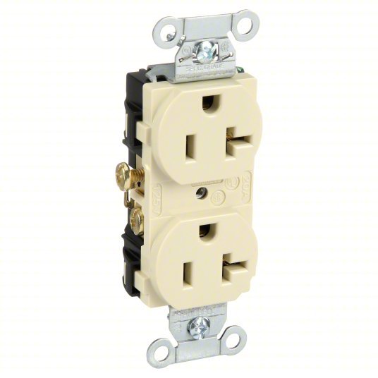 Hubbell CR20I Receptacle Duplex, 5-20R, 20 A, 125V AC, Ivory, 2 Poles, Screw Terminals, Std Resist, 5-20