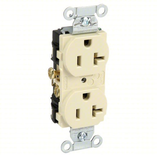 Hubbell CR20I Receptacle Duplex, 5-20R, 20 A, 125V AC, Ivory, 2 Poles, Screw Terminals, Std Resist, 5-20