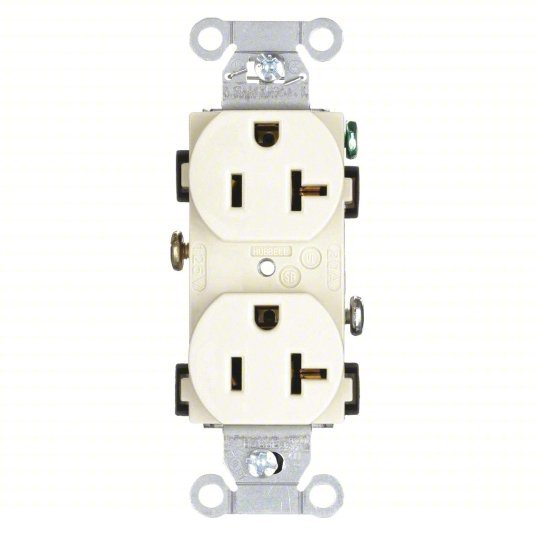 Hubbell CR20I Receptacle Duplex, 5-20R, 20 A, 125V AC, Ivory, 2 Poles, Screw Terminals, Std Resist, 5-20