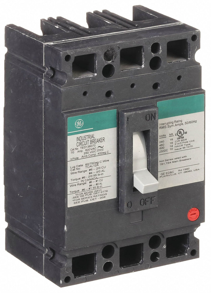 GE TED136070WL Molded Case Circuit Breaker, TED Series, 70 A, 3 Pole, 600V AC, 18kA AIR, Bolt-On, Thermal Magnetic