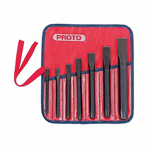 Proto J86BS2 Cold Chisel Set Steel, 5/16 in_3/8 in_7/16 in_1/2 in_5/8 in_3/4 in_7/8 in Blade Wd, Plain Grip