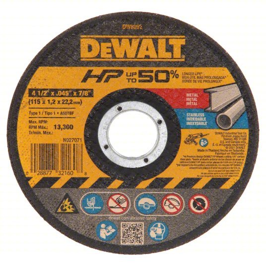 Dewalt DW8062 Abrasive Cut-Off Wheel Type 1, 4 1/2 in x 0.045 in x 7/8 in, Aluminum Oxide, 60 Grit, A60T