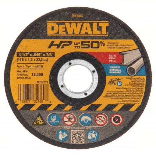 Dewalt DW8062 Abrasive Cut-Off Wheel Type 1, 4 1/2 in x 0.045 in x 7/8 in, Aluminum Oxide, 60 Grit, A60T