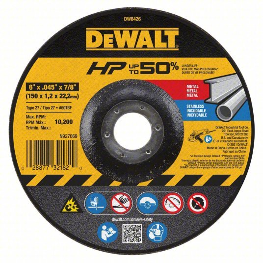 DeWalt DW8426 Depressed Center Cut-Off Wheel Type 27, 6 in x 0.045 in x 7/8 in, Aluminum Oxide, 60 Grit